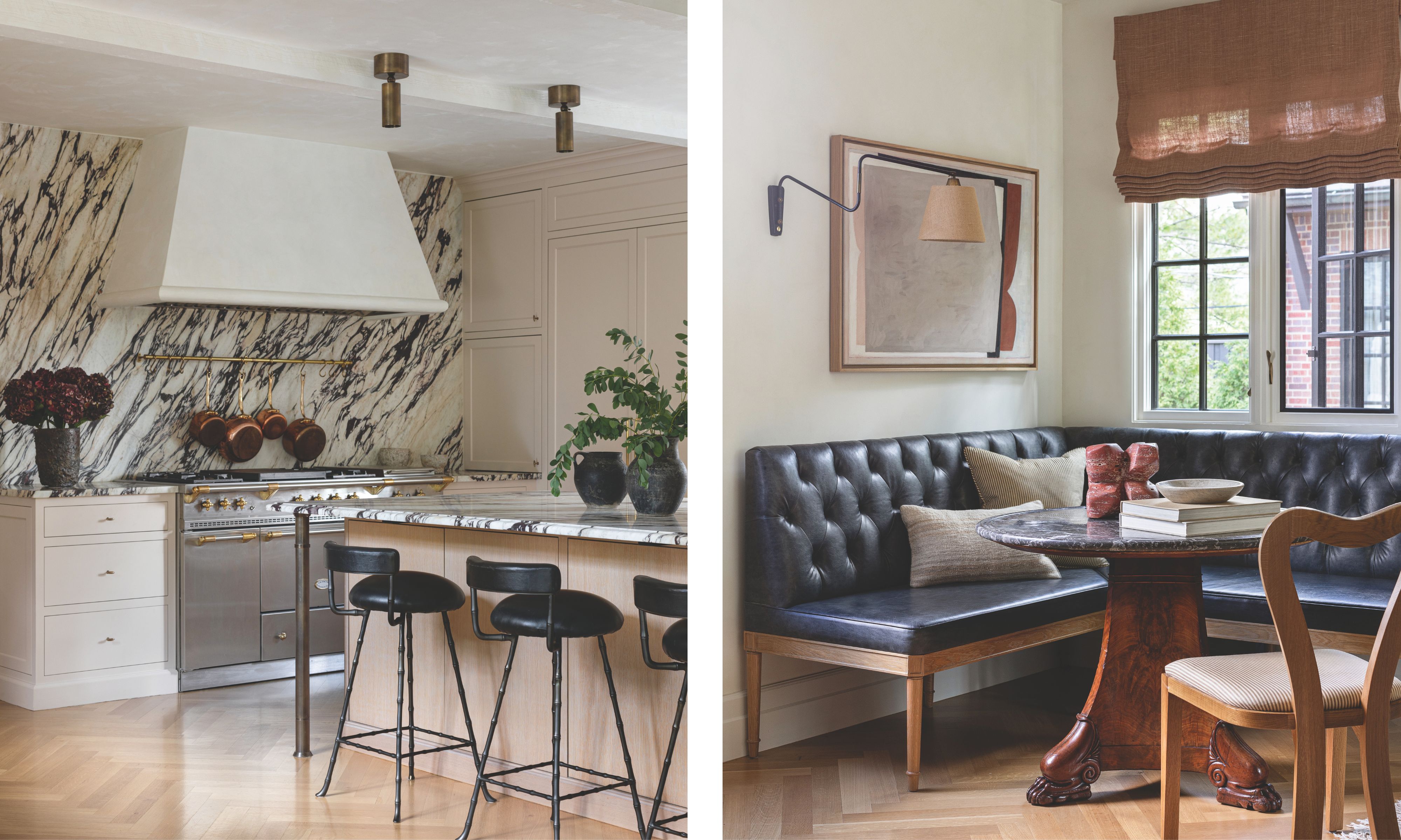 Left: A high-end kitchen with a dramatic black-and-white marble backsplash, a professional range, and a wood island with black leather stools. Right: A cozy breakfast nook with a tufted black leather banquette, a marble-top pedestal table, and a terracotta Roman shade.