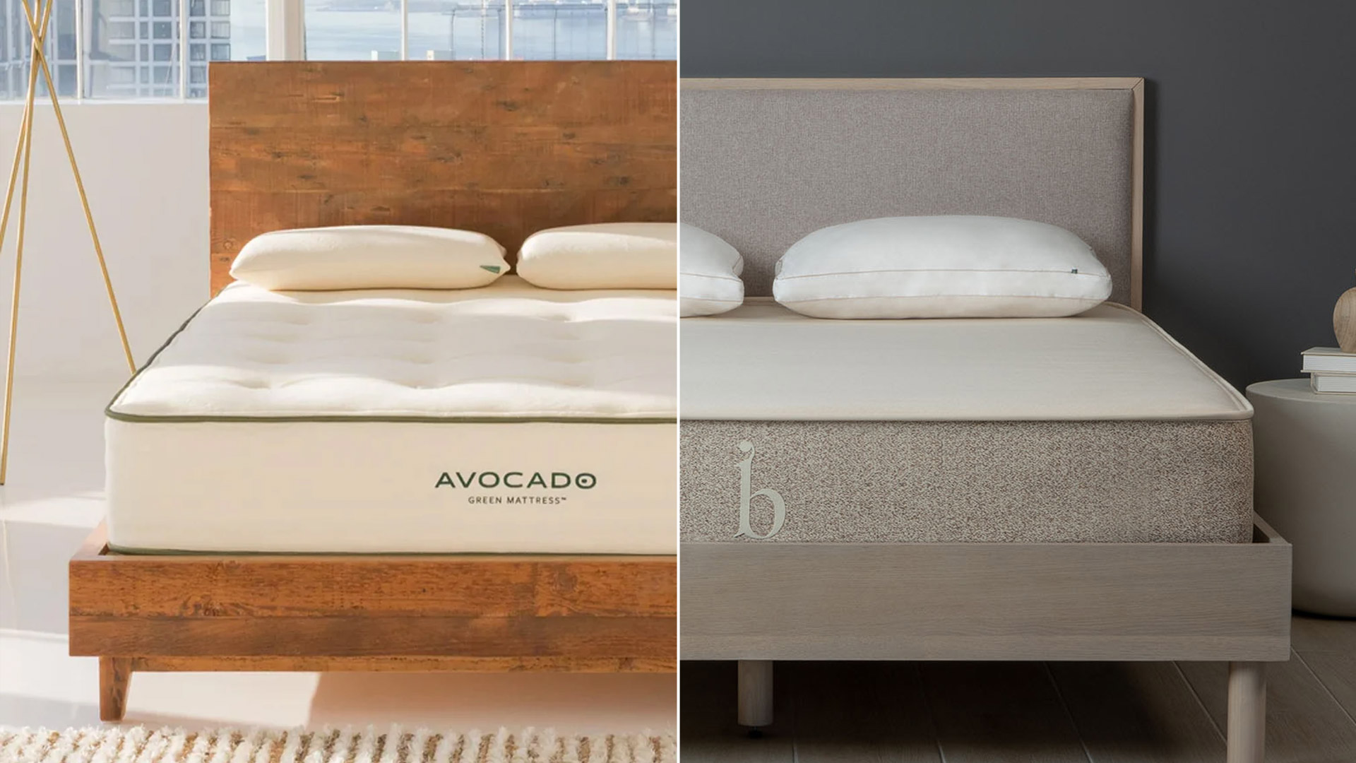 Composite image of the Avocado Green Mattress and the Birch Natural Mattress side by side