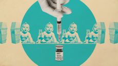 Photo collage of the MMRV vaccine with a sphere spreading around it. Inside the circle, there are vintage photos of babies; outside it, a row of tiny coffins.