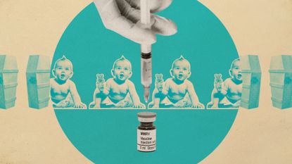 Photo collage of the MMRV vaccine with a sphere spreading around it. Inside the circle, there are vintage photos of babies; outside it, a row of tiny coffins.