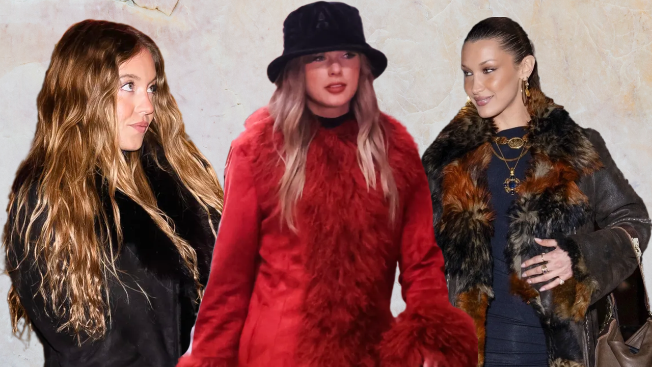 celebrities including syndney sweeney, taylor swift, and bella hadid wear the penny lanecoat trend in different colors