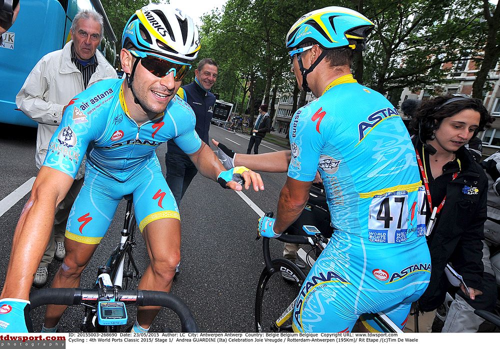 Andrea Guardini (Astana) celebrates stage 1 win with his team