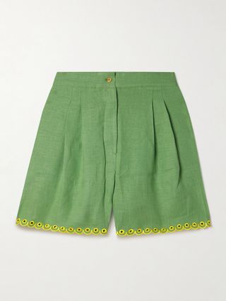 Petra Pleated Broderie Anglaise-Trimmed Linen Pajama Shorts