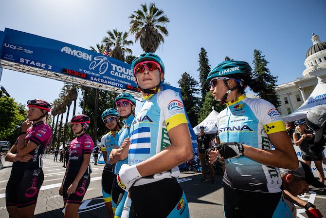 Arlenis Sierra and her Astana teammates take it easy before the start of stage 3 of the 2018 Amgen Women's Race