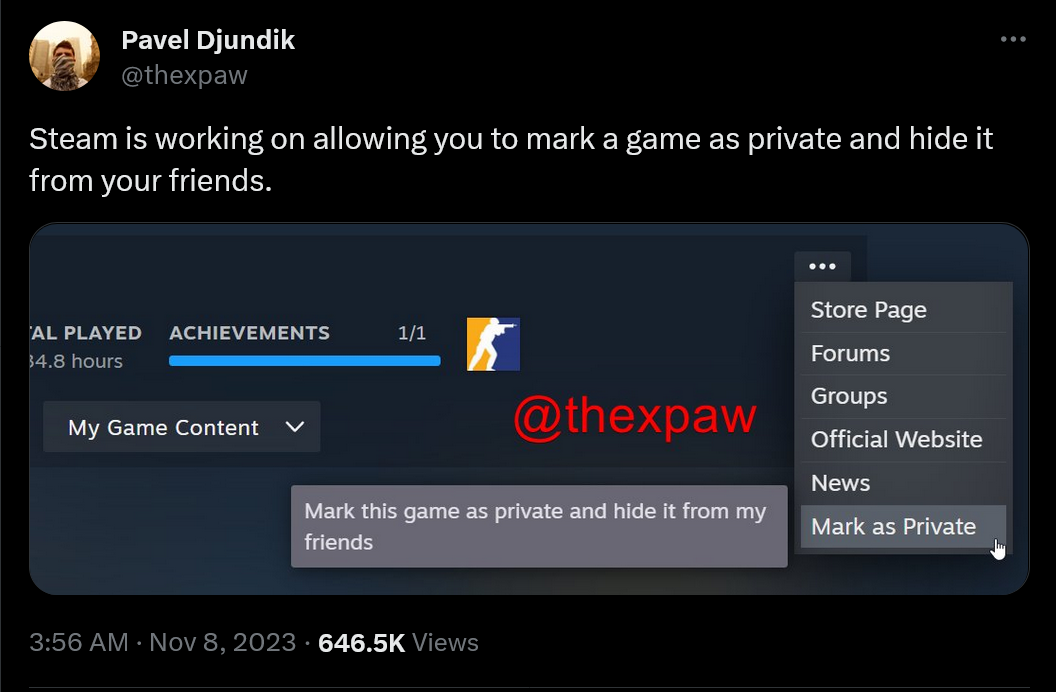 Steam arbeitet daran, es Ihnen zu ermöglichen, ein Spiel als privat zu markieren und es vor Ihren Freunden zu verbergen.