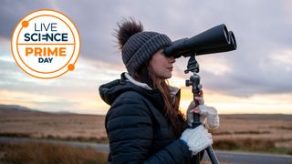 woman using the Celestron SkyMaster 15x70 on a tripod