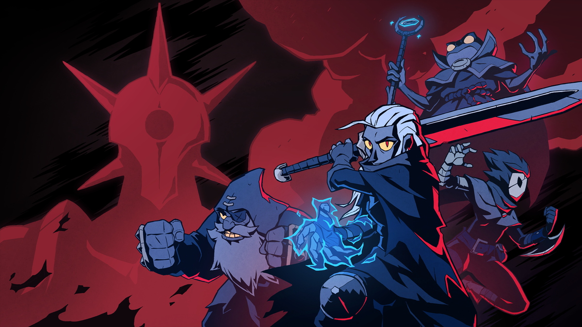 An angry dwarf and a sword-wielding elf with various villains in the background in Absolum. 