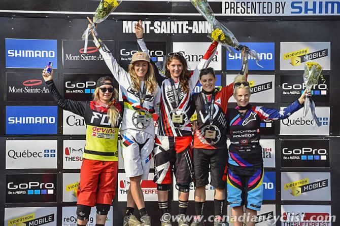 Women's Podium: Tahnee Seagrave, Rachel Atherton, Manon Carpenter, Emmeline Ragot, Tracey Hannah.