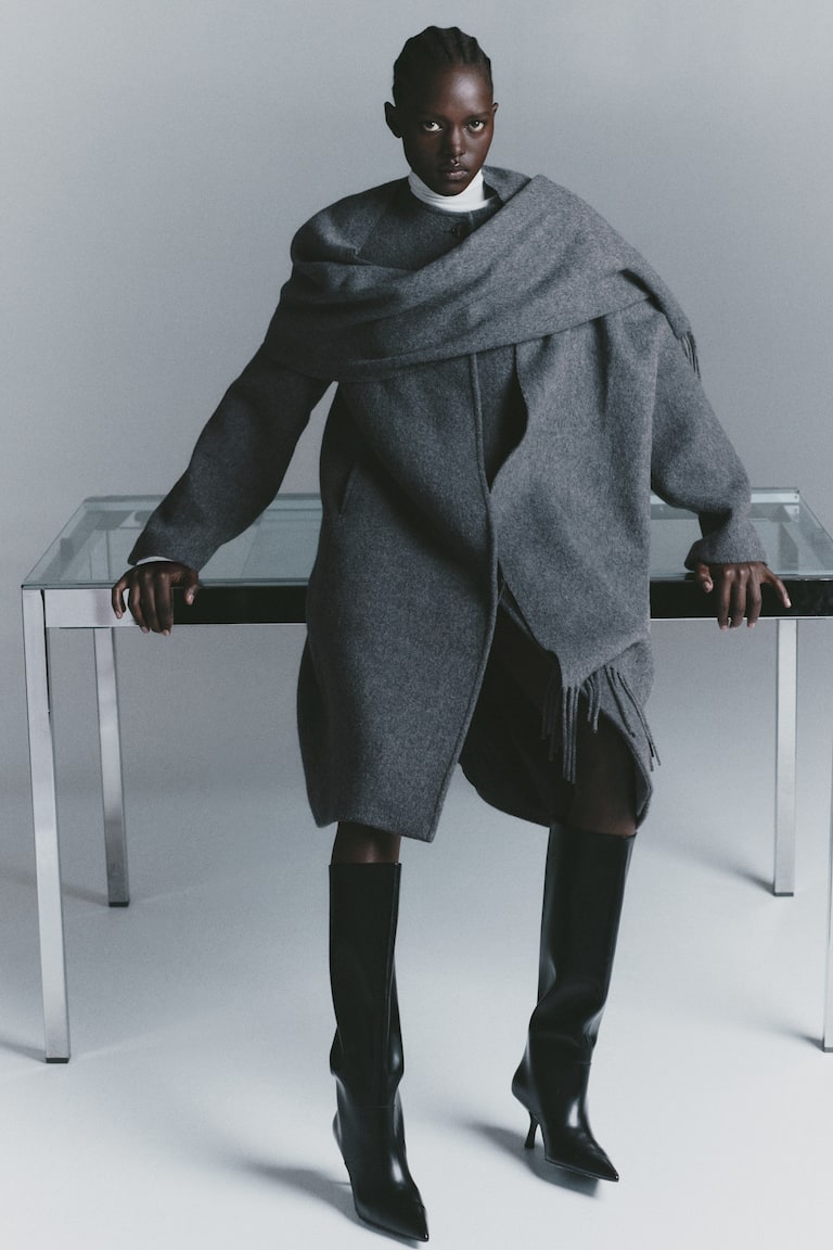 Scarf-Detail Wool-Blend Coat