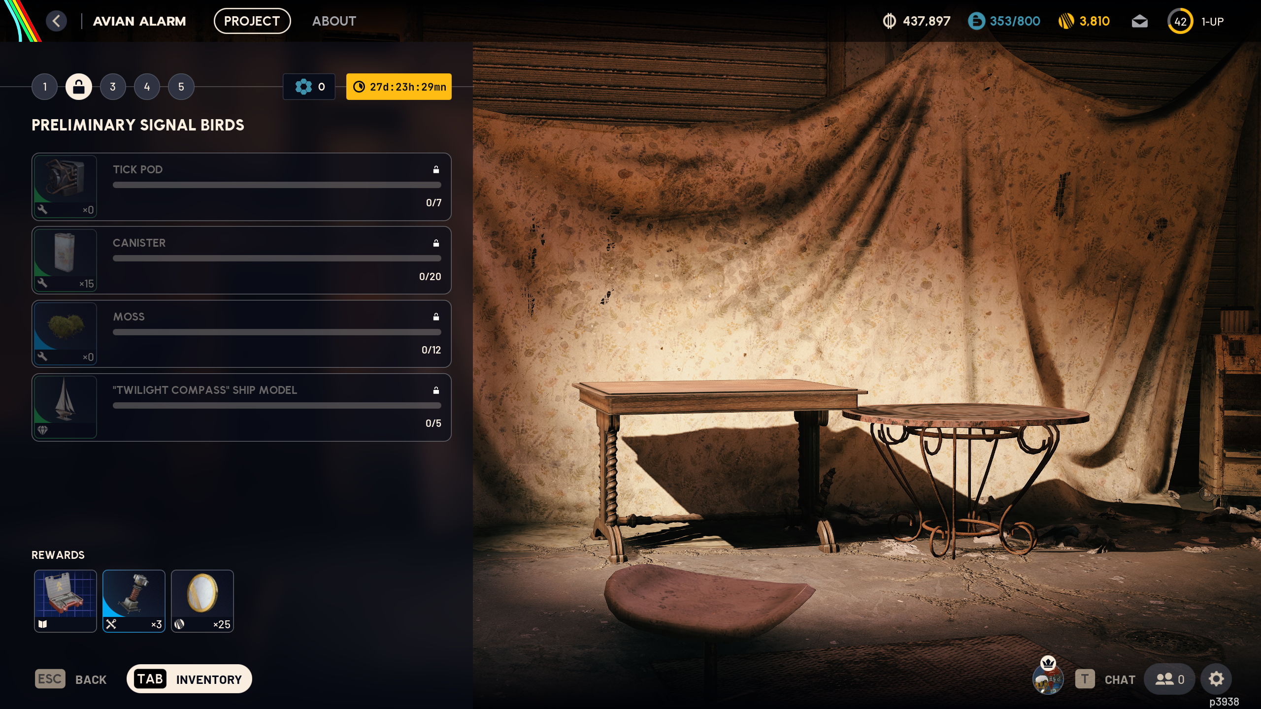 Arc Raiders Avian Alarm: A screenshot of the project overview screen for step 2 of the Avian Alarm event.