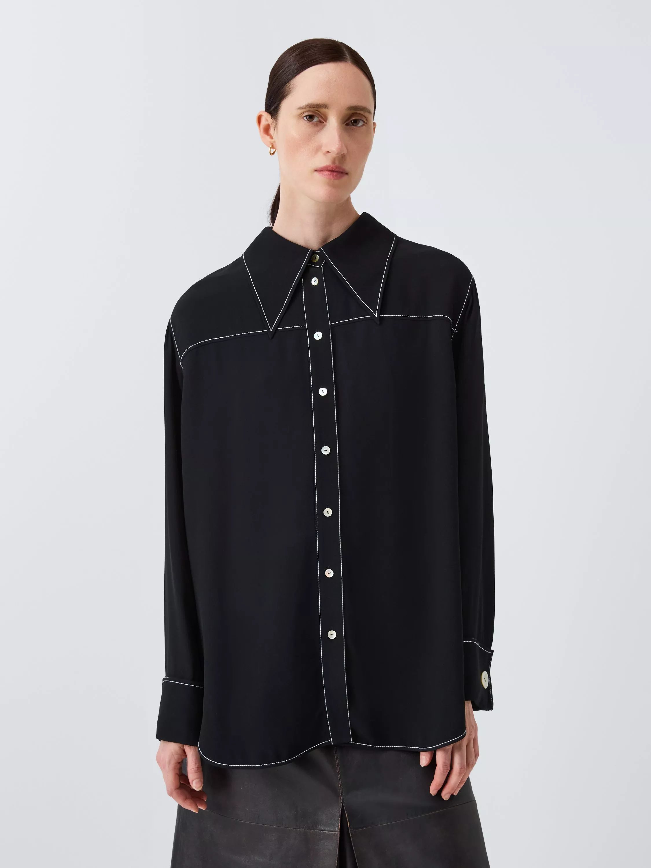 John Lewis X Rejina Pyo Crepe Contrast Stitch Reversible Pocket Detail Shirt, Black