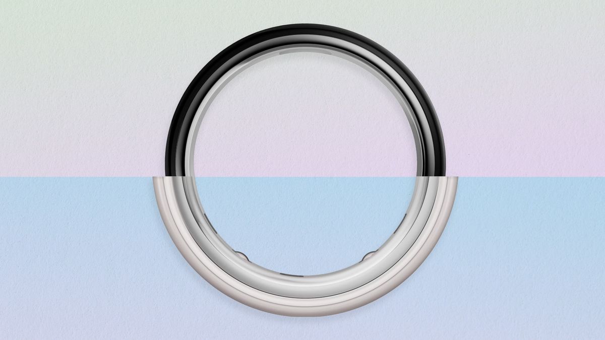 Oura Ring 5 on top and Oura Ring 4 below, cut in half to show the difference in design