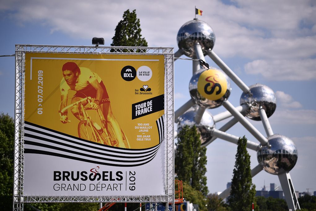 A poster of Brussels Grand Depart 2019 with the Atomium in background in Brussels,