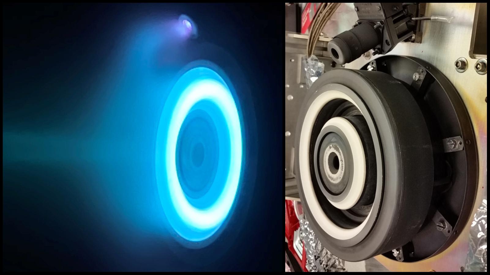left image shows the thruster glowing blue as it emits plasma. The right image shows the thruster when it is not operating.