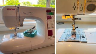 How to sew beginners; a sewing machine and a close up of a sewing machine needle
