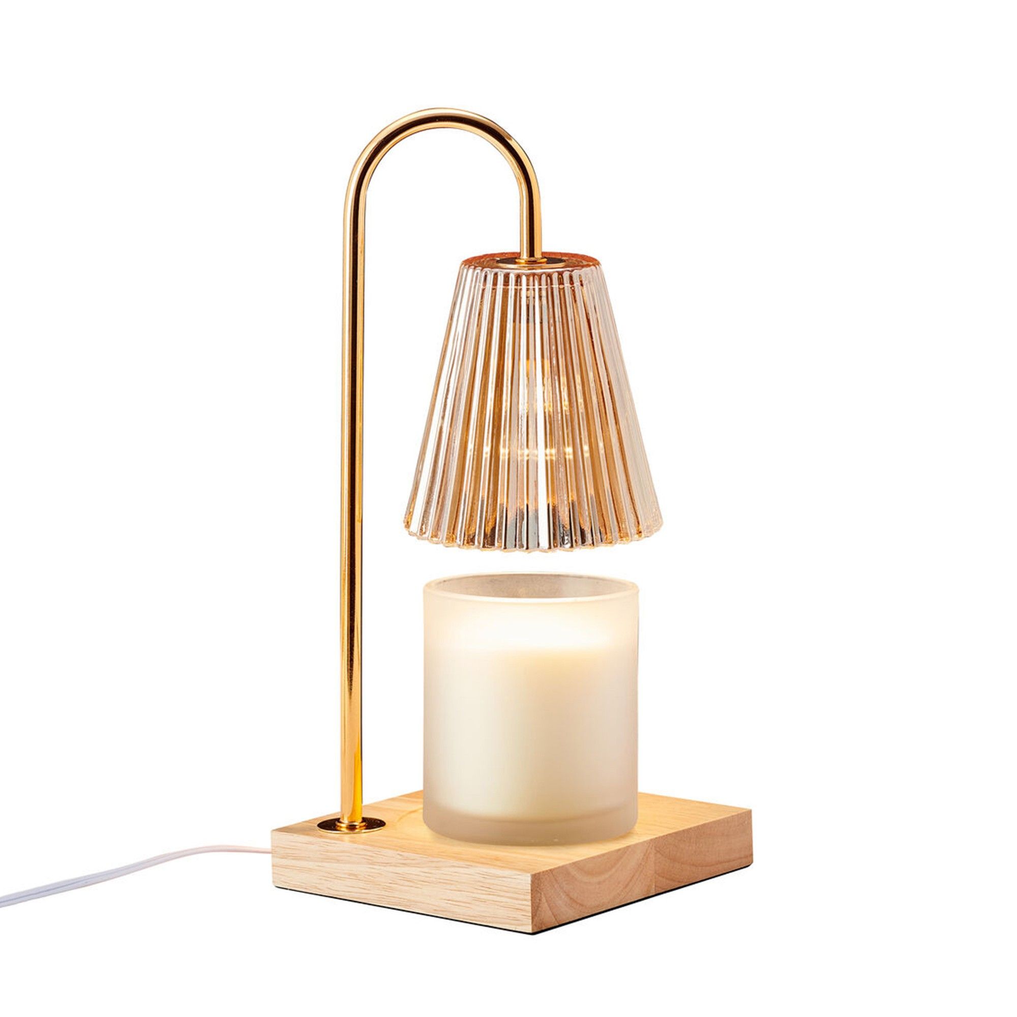 Candle warmer with pale wooden base, gold stem and fluted glass shade