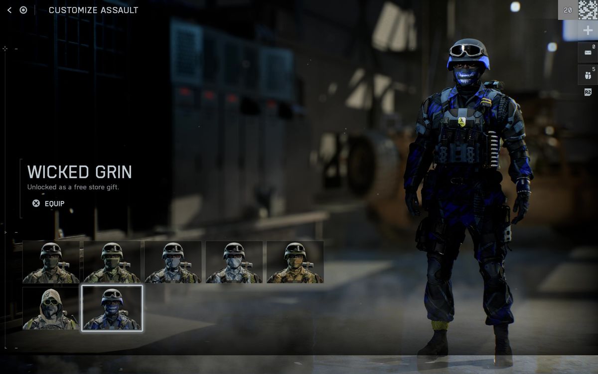 Battlefield 6 Season 1 skins: The Wicked Grin skin in the soldier customisation menu.