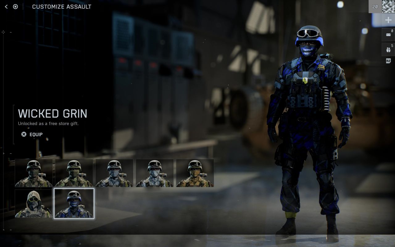 Battlefield 6 Season 1 skins: The Wicked Grin skin in the soldier customisation menu.