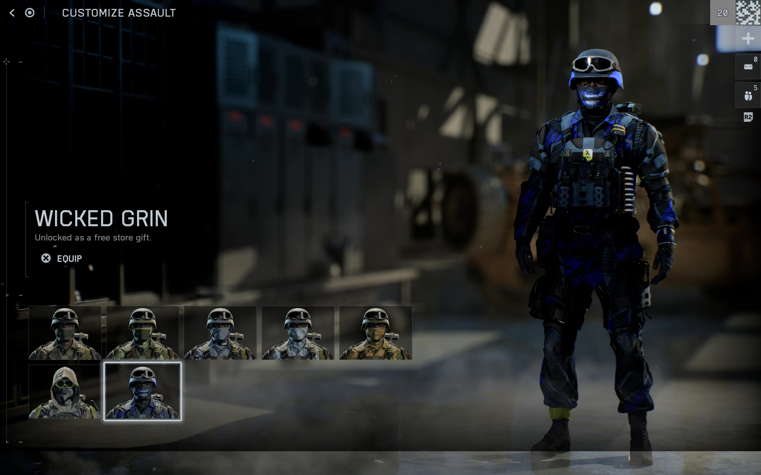 Battlefield 6 Season 1 skins: The Wicked Grin skin in the soldier customisation menu.