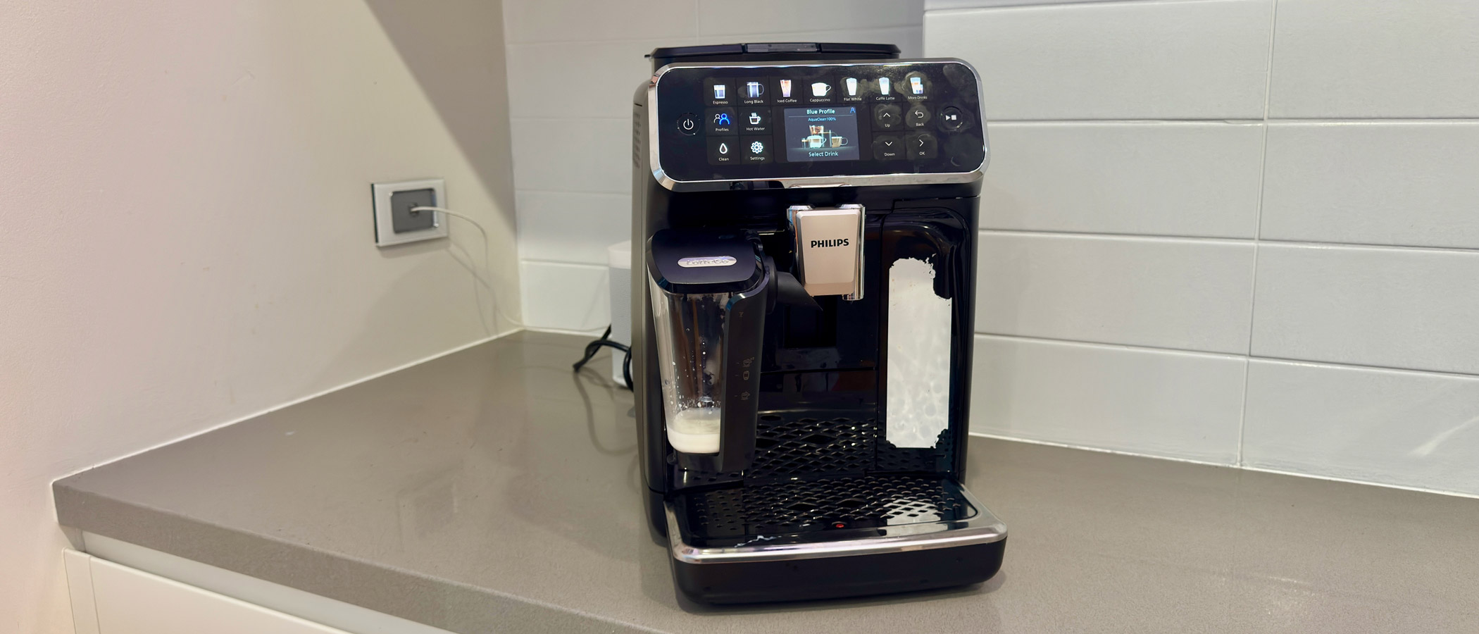 Philips 4400 Series LatteGo coffee machine on a kitchen counter