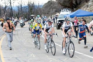 Fans cheer Andy Schleck and Jens Voigt atop Palomar Mountain in the 2009 Tour of California.