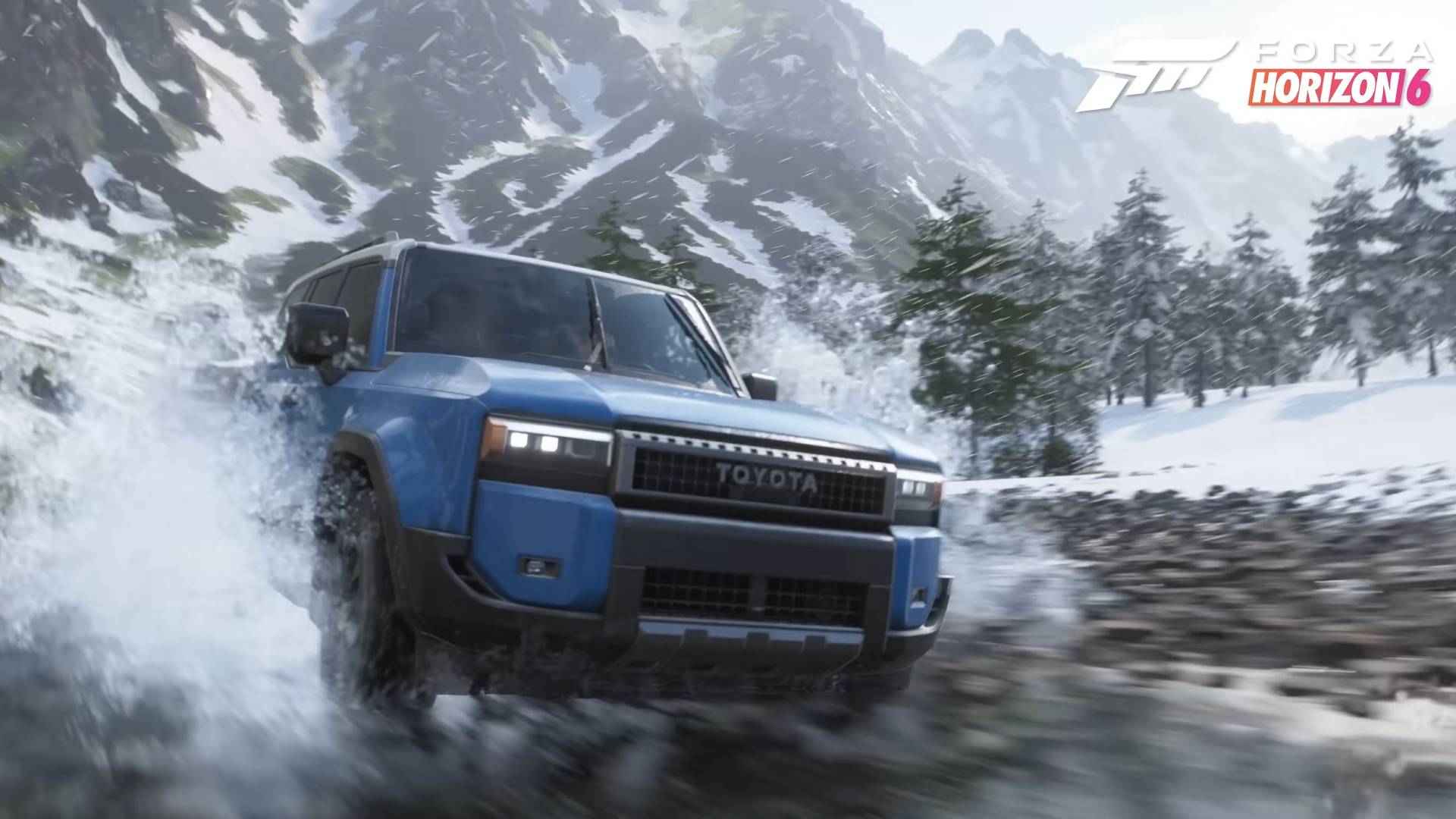 Forza Horizon 6 Toyota Landcruiser driving off-road through water stream in snowy mountains