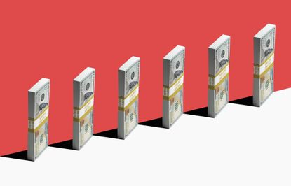 6 bundles of US $100 bills standing vertically on edge of white shelf, red background