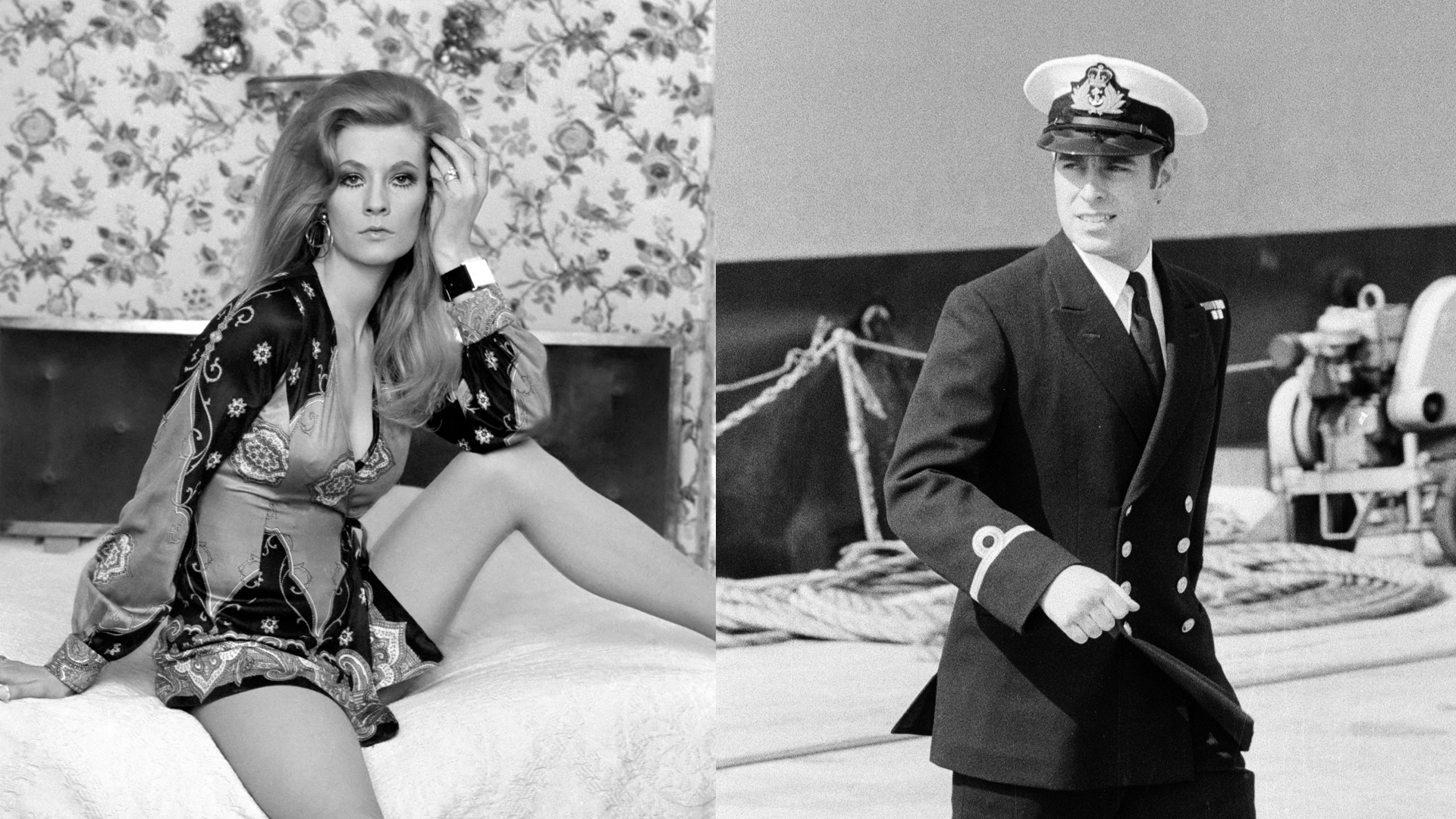 Prince Andrew in a naval uniform and Vicki Hodge posing on a bed in a short patterned dress