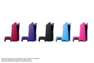 PS5 systems with red, purple, black, blue and pink faceplates.