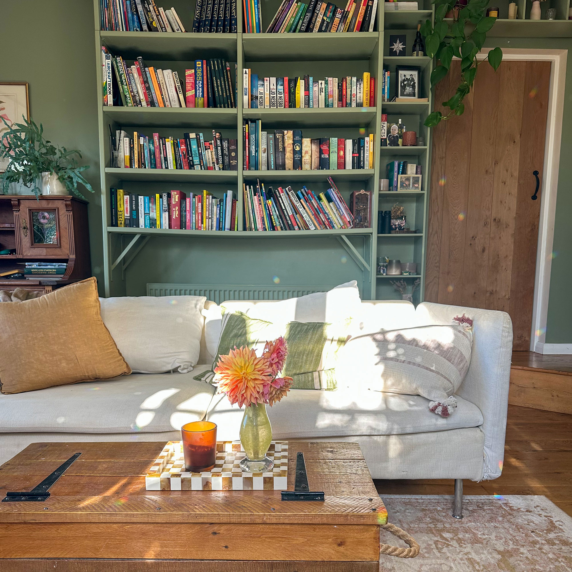Green living room with book-laden shelving and cream sofa