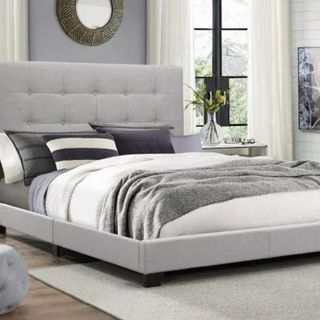 Walmart Crown Mark Florence Gray Panel Bed in a bedroom.