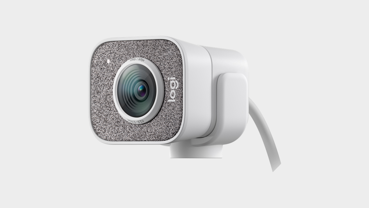 Logitech StreamCam pictured tilted 90 degrees and in white.