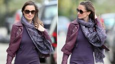 Composite of pictures of Pippa Middleton wearing a plum leather jacket, purple dress and knee high boots in London in November 2012