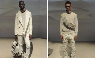 Male models wearing white and beige clothing
