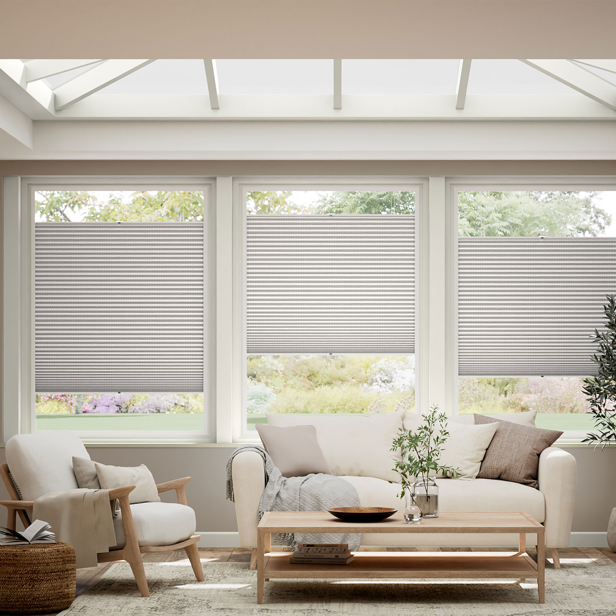conservatory with white blinds and cream sofa