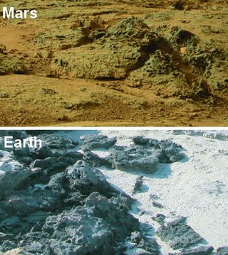 Knob-shaped structures on Mars compared to similar structures caused by erosion of microbial mats at Carbla Point, Western Australia.