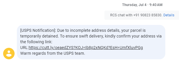 An example of a scam text sent by a phony USPS rep