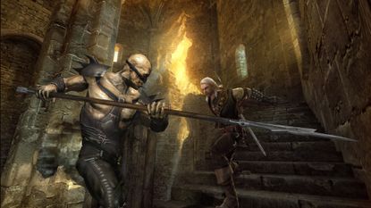 The Witcher 1 Geralt fighting an enemy with sword