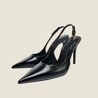 flat lay image of black slingback heels