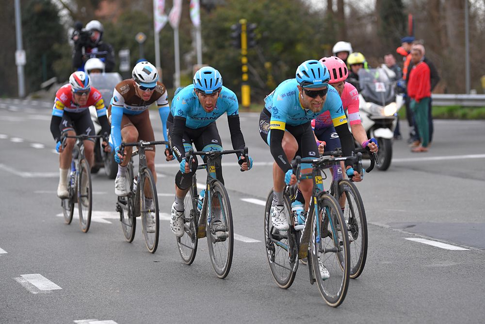 Davide Ballerini and Magnus Cort Nielsen take pulls in the breakaway at Kuurne-Brussel-Kuurne