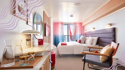 A picture of a cabin on a Virgin Voyages ship, one of the best cruise lines for adults