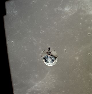 The command module of Apollo 11 during its journey to the moon.