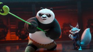 Jack Black as Po and Awkwafina as Zhen in Kung Fu Panda 4