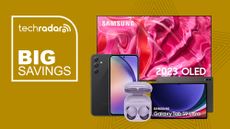Samsung OLED TV, Fold, Galaxy Tab and Buds 2 Pro on a yellow background