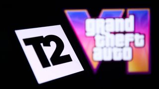 Take-Two Interactive logo displayed on a phone screen and GTA VI logo from the trailer displayed on a laptop screen
