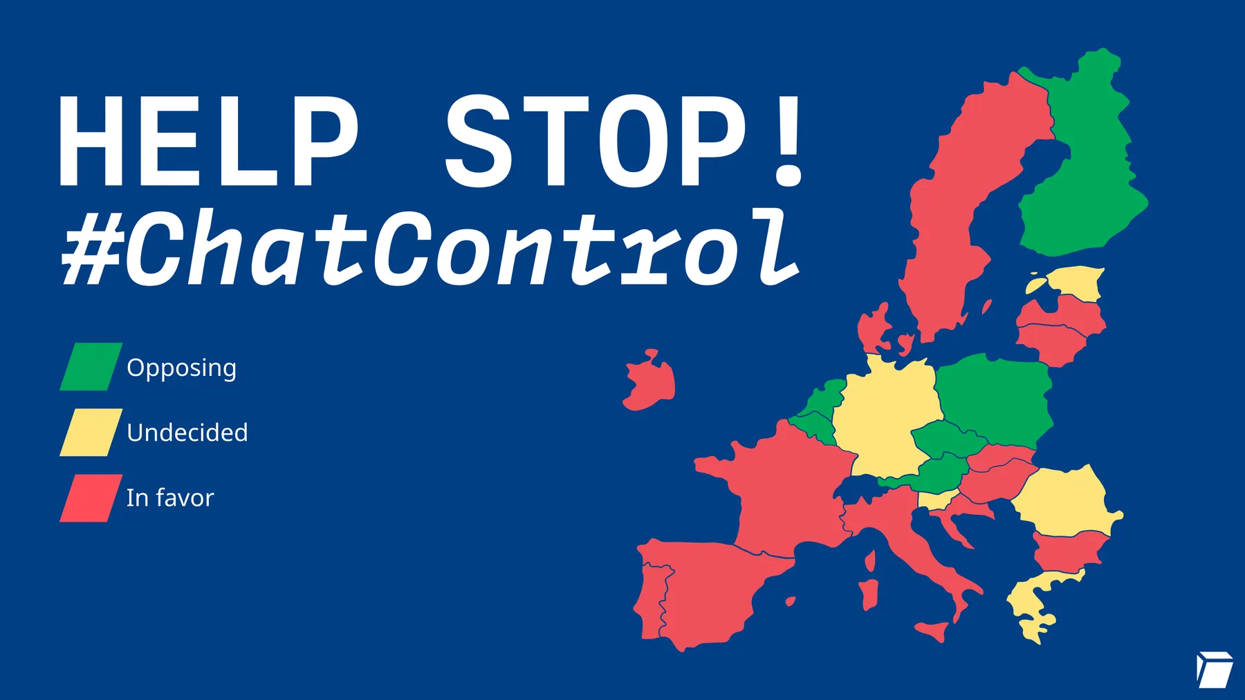 Map of EU countries showing which countries are for, which are neutral, and which are against chat control