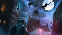 Thick as Thieves game, a character looks at a full moon and silhouettes of jumping people