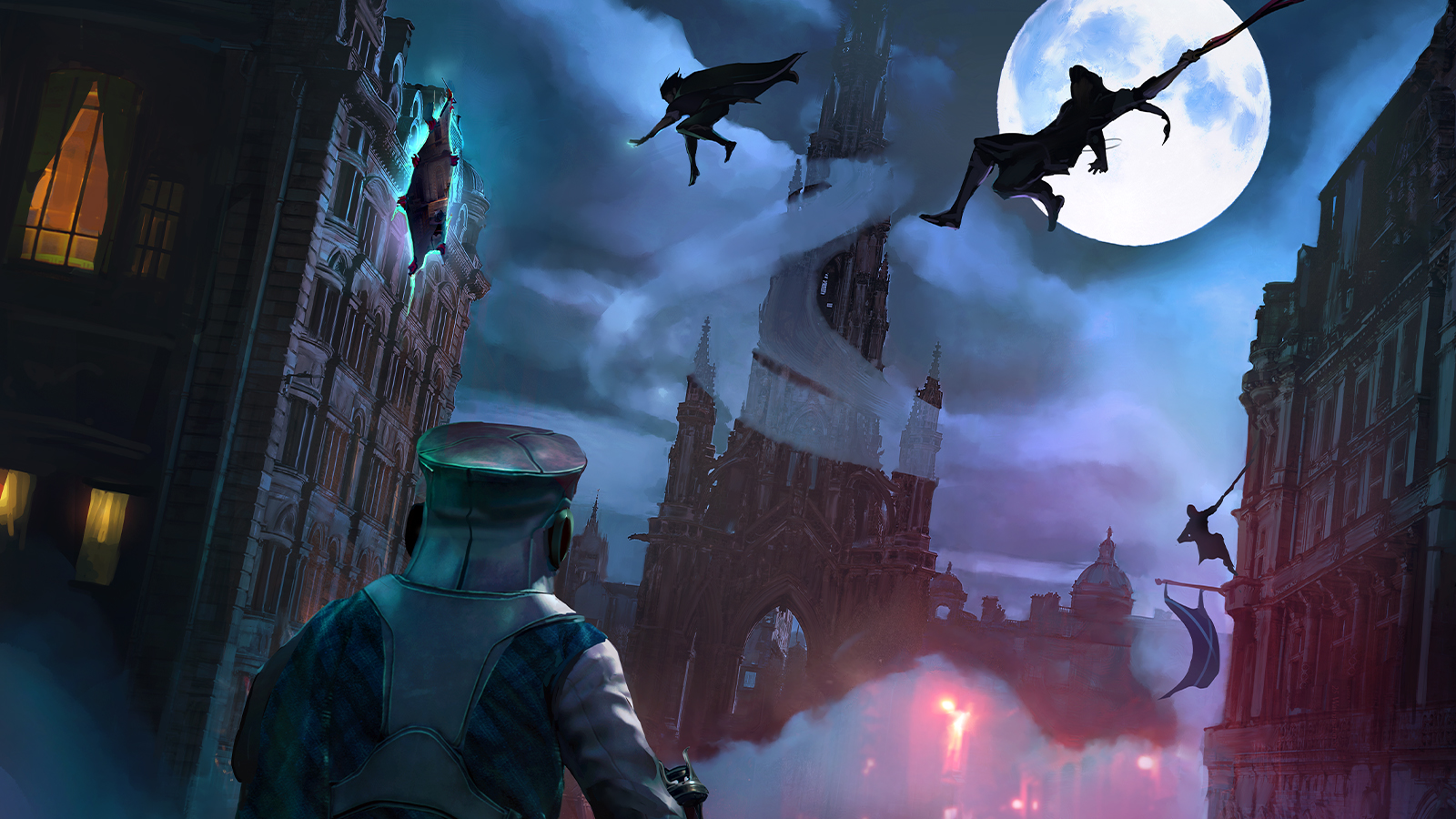 Thick as Thieves game, a character looks at a full moon and silhouettes of jumping people