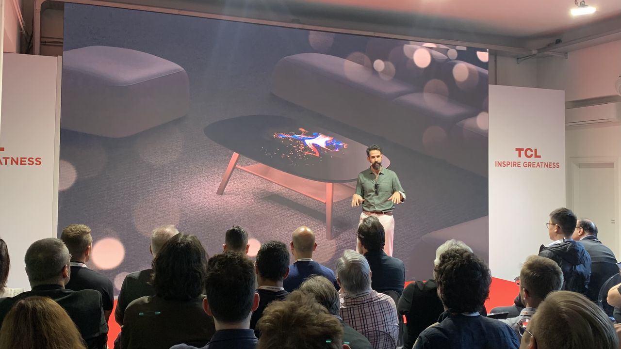 TCL Telly Table on a big screen at Milan Design Week