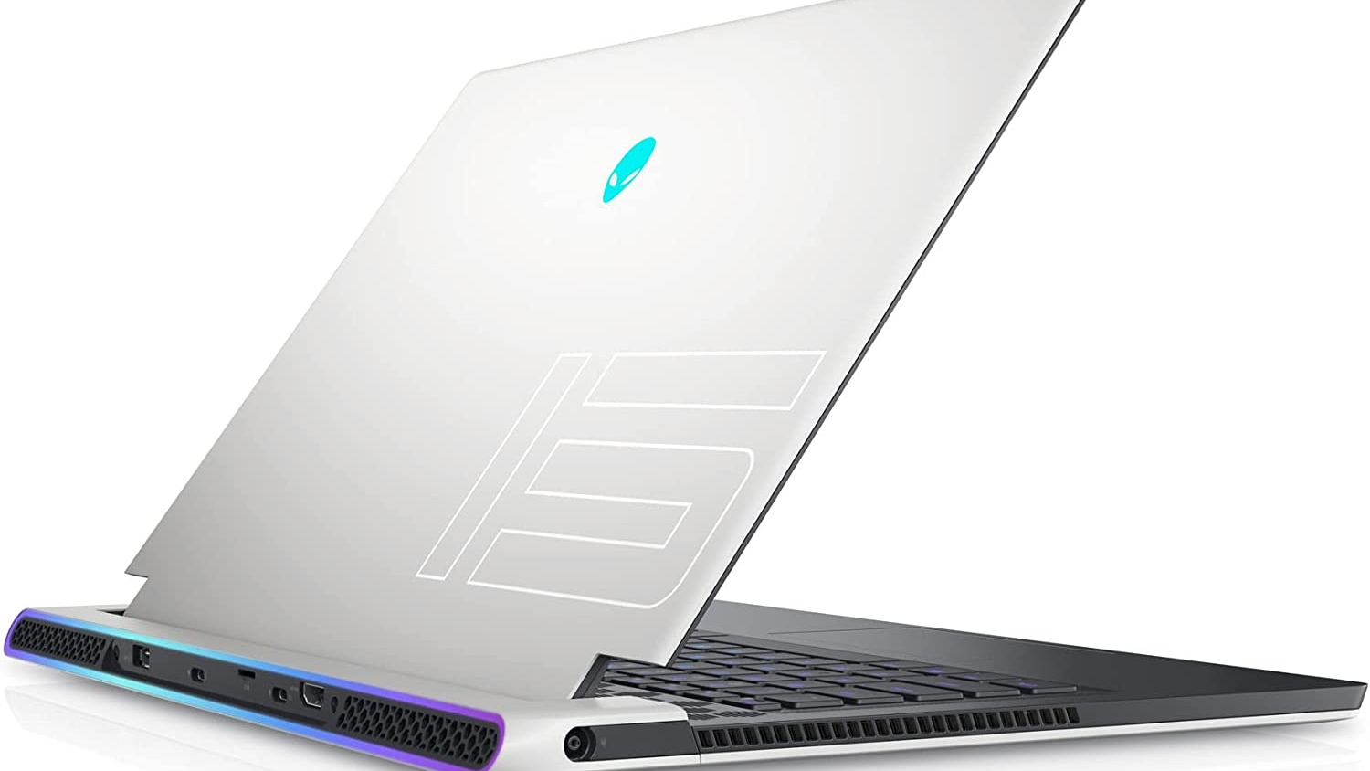 a white laptop with a black keyboard and blue alien logo on the front